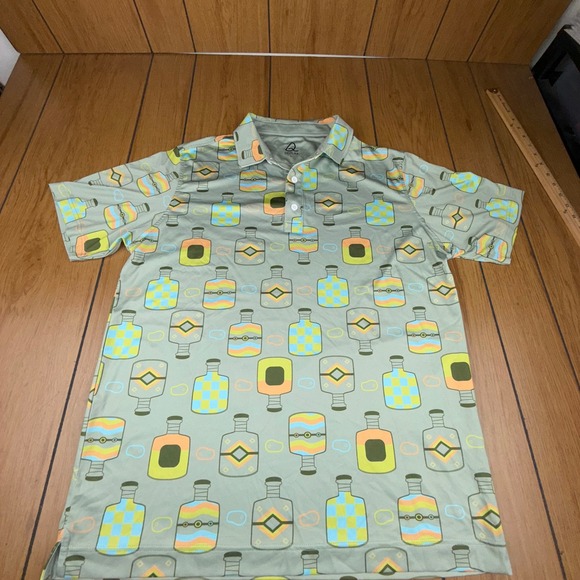 DEOLAX Mens L Polo Shirt Novelty Bottle Print Short Sleeve Golf Casual - Picture 1 of 13